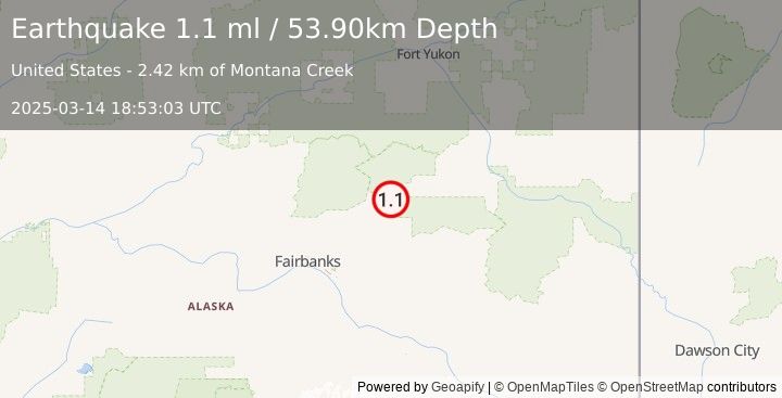 Earthquake 61 km WSW of Central, Alaska (1.1 ml) (2025-03-14 18:53:03 UTC)