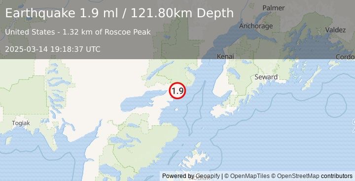 Earthquake 40 km E of Pedro Bay, Alaska (1.9 ml) (2025-03-14 19:18:37 UTC)