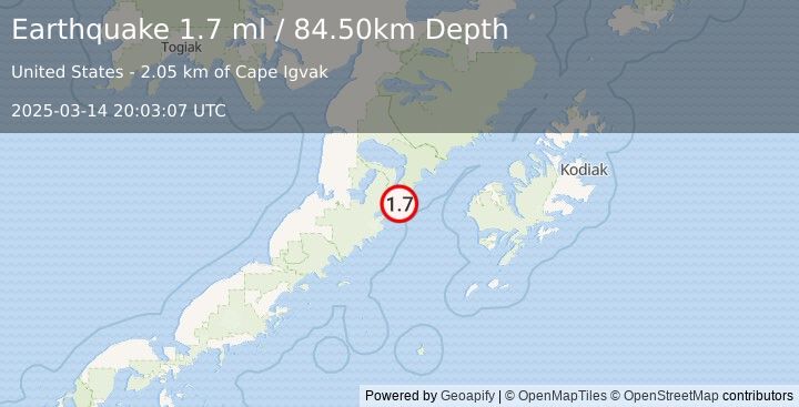 Earthquake 81 km E of Ugashik, Alaska (1.7 ml) (2025-03-14 20:03:07 UTC)