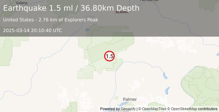 Earthquake 61 km N of Petersville, Alaska (1.5 ml) (2025-03-14 20:10:40 UTC)