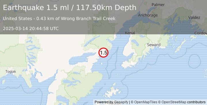 Earthquake 46 km E of Pedro Bay, Alaska (1.5 ml) (2025-03-14 20:44:58 UTC)