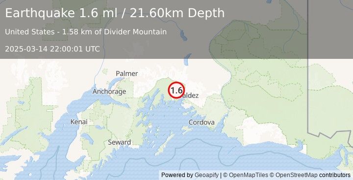 Earthquake 31 km WNW of Valdez, Alaska (1.6 ml) (2025-03-14 22:00:01 UTC)