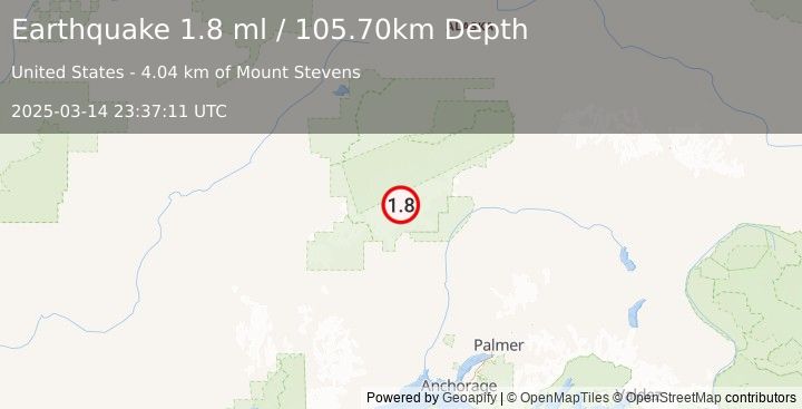 Earthquake 45 km NNW of Petersville, Alaska (1.8 ml) (2025-03-14 23:37:11 UTC)