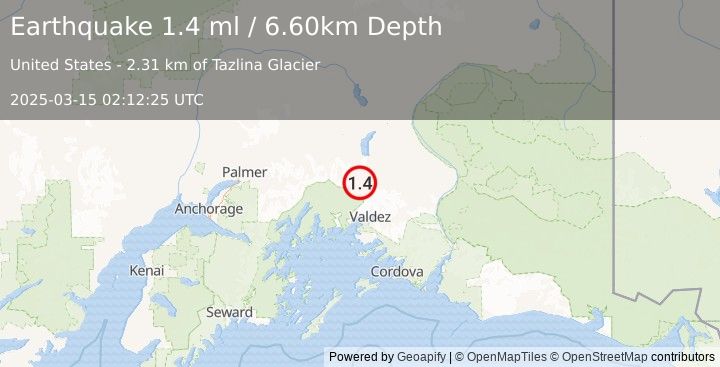 Earthquake 40 km NNW of Valdez, Alaska (1.4 ml) (2025-03-15 02:12:25 UTC)