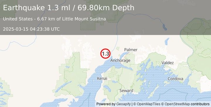 Earthquake 27 km WSW of Susitna, Alaska (1.3 ml) (2025-03-15 04:23:38 UTC)