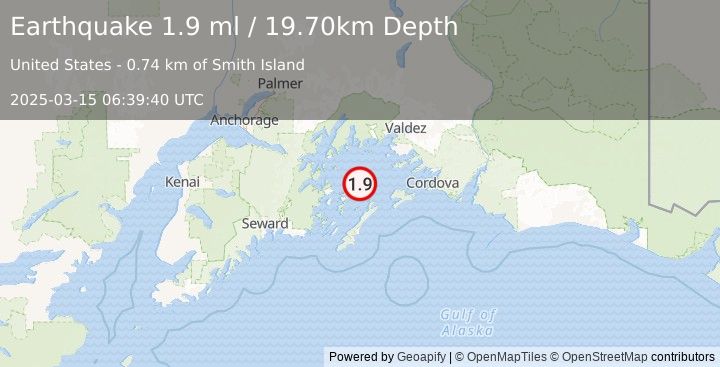 Earthquake 52 km SW of Tatitlek, Alaska (1.9 ml) (2025-03-15 06:39:40 UTC)