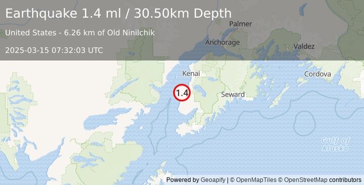 Earthquake 9 km N of Ninilchik, Alaska (1.4 ml) (2025-03-15 07:32:03 UTC)