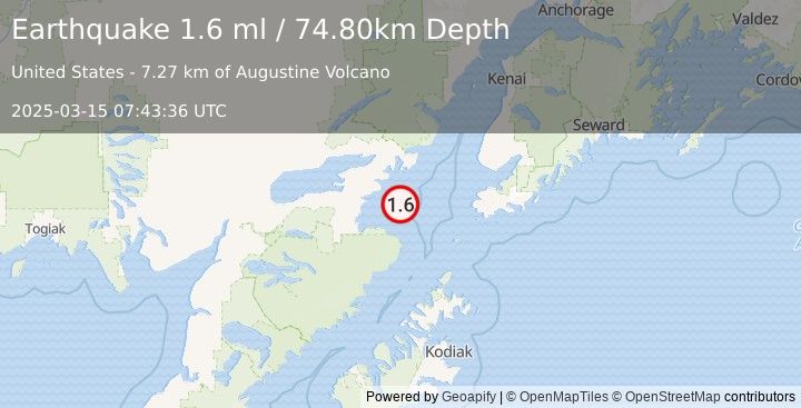 Earthquake 68 km SE of Pedro Bay, Alaska (1.6 ml) (2025-03-15 07:43:36 UTC)