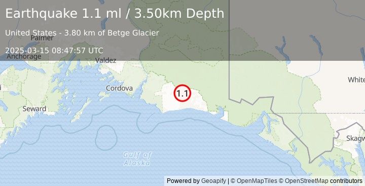 Earthquake 111 km S of McCarthy, Alaska (1.1 ml) (2025-03-15 08:47:57 UTC)