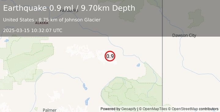 Earthquake 28 km S of Dry Creek, Alaska (0.9 ml) (2025-03-15 10:32:07 UTC)