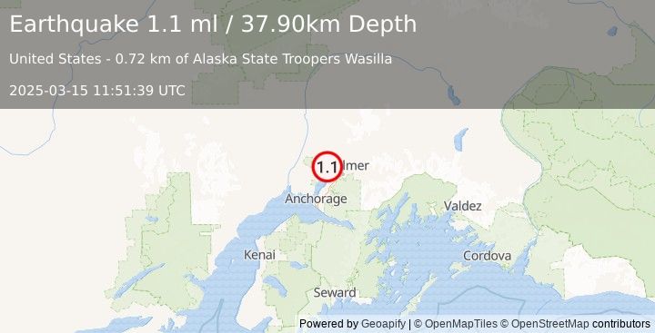 Earthquake 4 km S of Meadow Lakes, Alaska (1.1 ml) (2025-03-15 11:51:39 UTC)