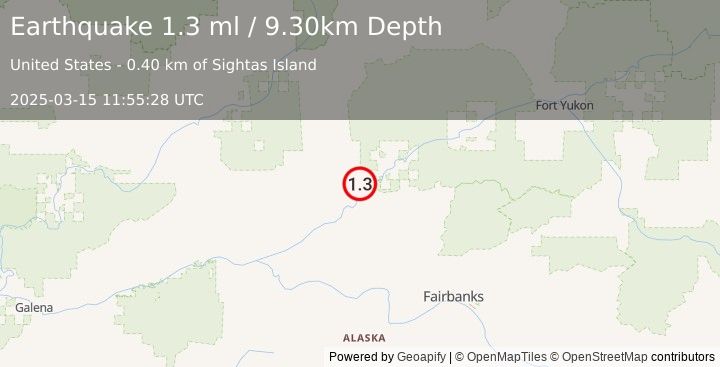 Earthquake 34 km WSW of Stevens Village, Alaska (1.3 ml) (2025-03-15 11:55:28 UTC)