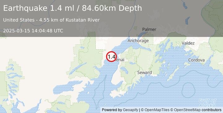 Earthquake 26 km W of Salamatof, Alaska (1.4 ml) (2025-03-15 14:04:48 UTC)