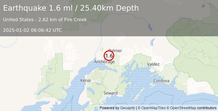 Earthquake 9 km ESE of Knik, Alaska (1.6 ml) (2025-01-02 06:06:42 UTC)