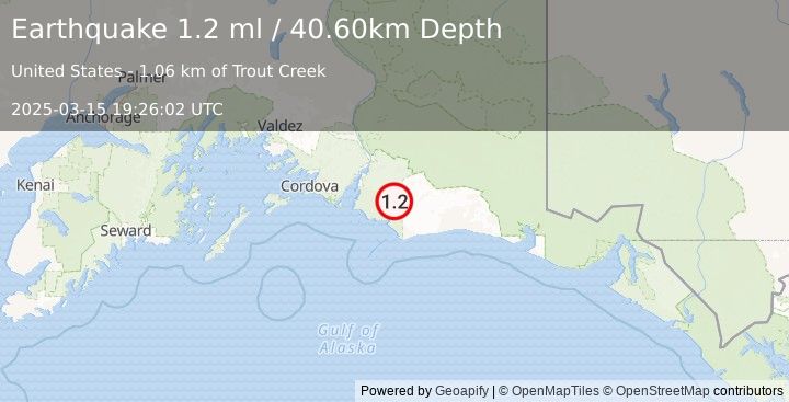 Earthquake 95 km E of Cordova, Alaska (1.2 ml) (2025-03-15 19:26:02 UTC)