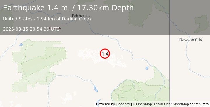 Earthquake 40 km SSW of Fort Greely, Alaska (1.4 ml) (2025-03-15 20:54:39 UTC)