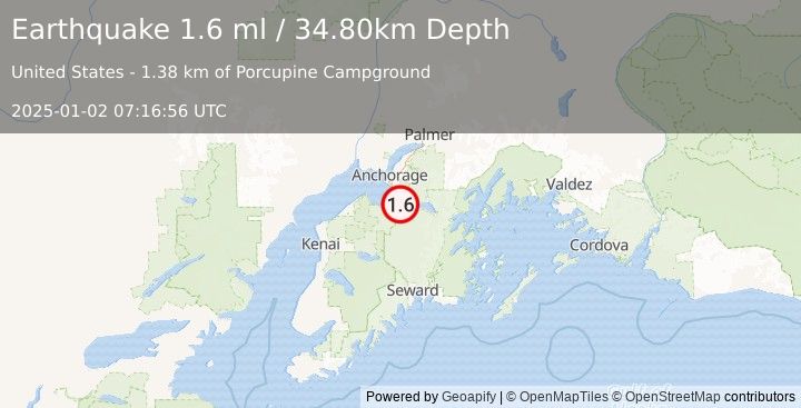 Earthquake 3 km NW of Hope, Alaska (1.6 ml) (2025-01-02 07:16:56 UTC)