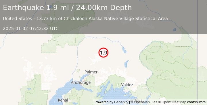 Earthquake 58 km NNE of Chickaloon, Alaska (1.9 ml) (2025-01-02 07:42:32 UTC)