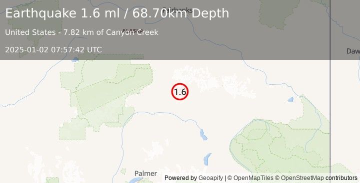 Earthquake 68 km ESE of Cantwell, Alaska (1.6 ml) (2025-01-02 07:57:42 UTC)