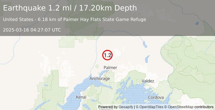 Earthquake 31 km ESE of Susitna North, Alaska (1.2 ml) (2025-03-16 04:27:07 UTC)