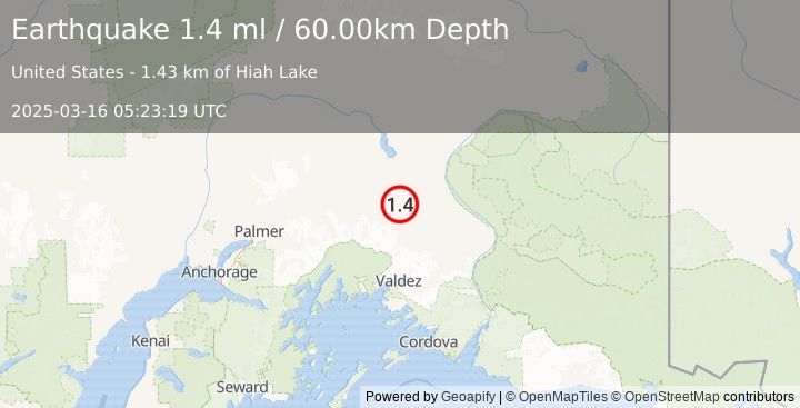 Earthquake 24 km SSE of Mendeltna, Alaska (1.4 ml) (2025-03-16 05:23:19 UTC)