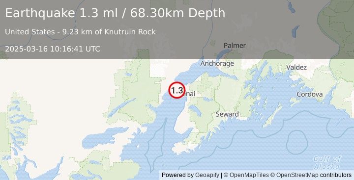 Earthquake 20 km W of Salamatof, Alaska (1.3 ml) (2025-03-16 10:16:41 UTC)