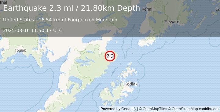 Earthquake 82 km SE of Kokhanok, Alaska (2.3 ml) (2025-03-16 11:50:17 UTC)