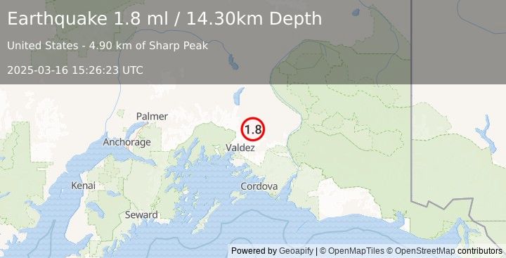 Earthquake 37 km NE of Valdez, Alaska (1.8 ml) (2025-03-16 15:26:23 UTC)