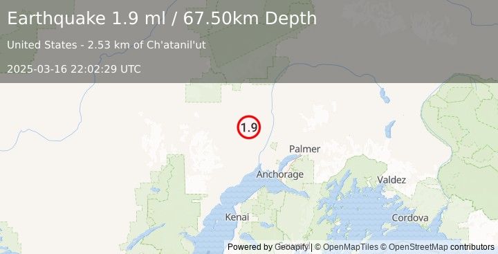 Earthquake 28 km ESE of Skwentna, Alaska (1.9 ml) (2025-03-16 22:02:29 UTC)