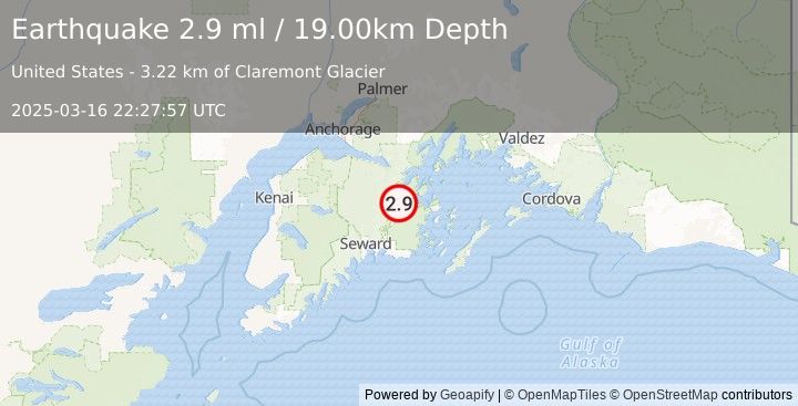 Earthquake 31 km S of Whittier, Alaska (2.9 ml) (2025-03-16 22:27:57 UTC)