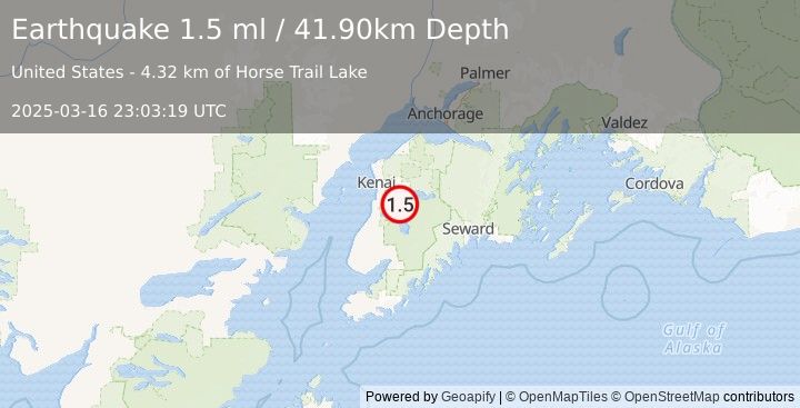 Earthquake 18 km S of Funny River, Alaska (1.5 ml) (2025-03-16 23:03:19 UTC)