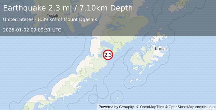 Earthquake 65 km E of Ugashik, Alaska (2.3 ml) (2025-01-02 09:09:31 UTC)