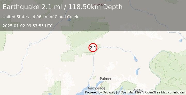 Earthquake 42 km N of Chase, Alaska (2.1 ml) (2025-01-02 09:57:55 UTC)