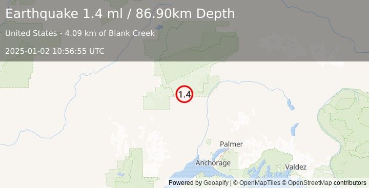 Earthquake 21 km WNW of Petersville, Alaska (1.4 ml) (2025-01-02 10:56:55 UTC)