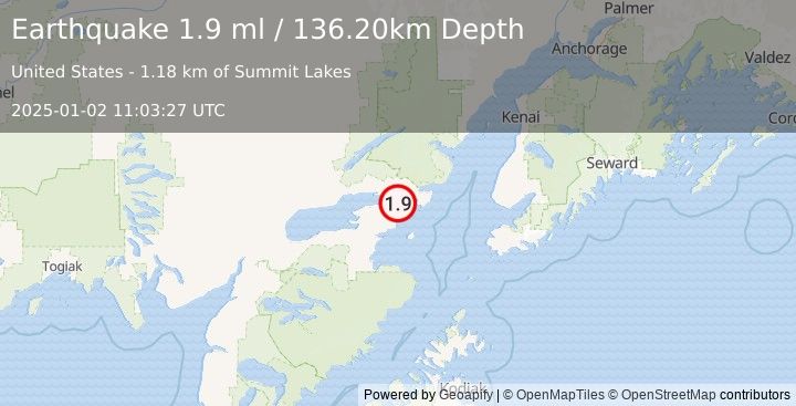 Earthquake 25 km ESE of Pedro Bay, Alaska (1.9 ml) (2025-01-02 11:03:27 UTC)