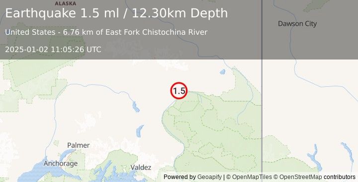 Earthquake 16 km N of Chistochina, Alaska (1.5 ml) (2025-01-02 11:05:26 UTC)