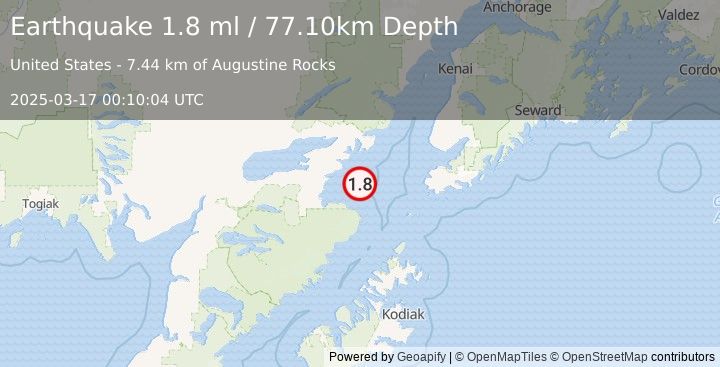 Earthquake 70 km SE of Pedro Bay, Alaska (1.8 ml) (2025-03-17 00:10:04 UTC)