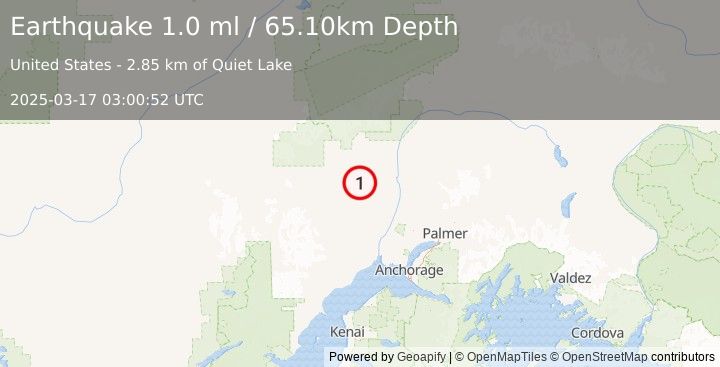 Earthquake 25 km ENE of Skwentna, Alaska (1.0 ml) (2025-03-17 03:00:52 UTC)