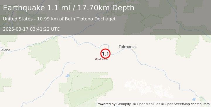 Earthquake 11 km W of Four Mile Road, Alaska (1.1 ml) (2025-03-17 03:41:22 UTC)