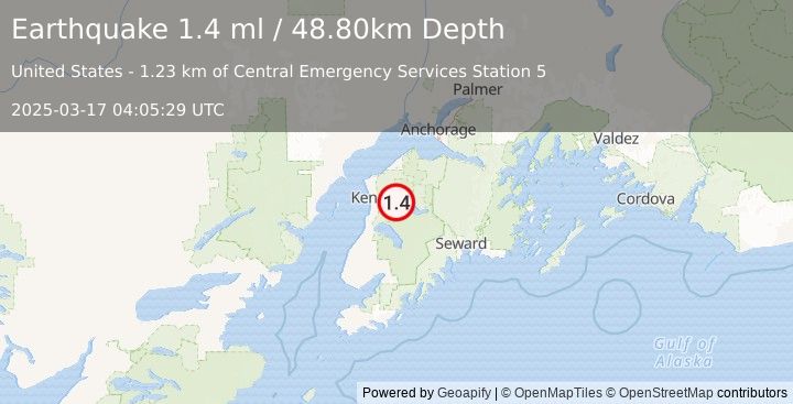 Earthquake 1 km ENE of Funny River, Alaska (1.4 ml) (2025-03-17 04:05:29 UTC)