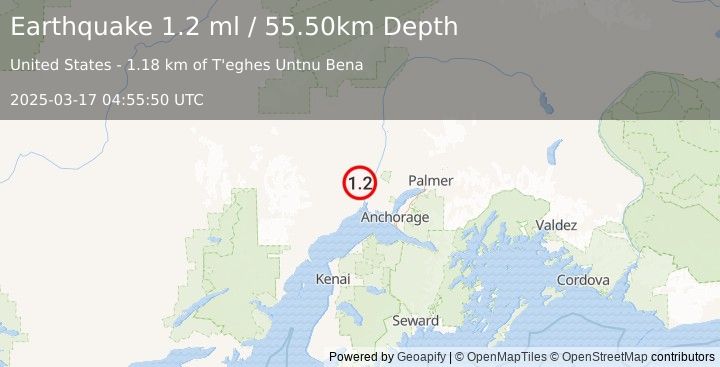 Earthquake 8 km WNW of Susitna, Alaska (1.2 ml) (2025-03-17 04:55:50 UTC)