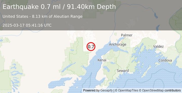 Earthquake 58 km W of Tyonek, Alaska (0.7 ml) (2025-03-17 05:41:16 UTC)