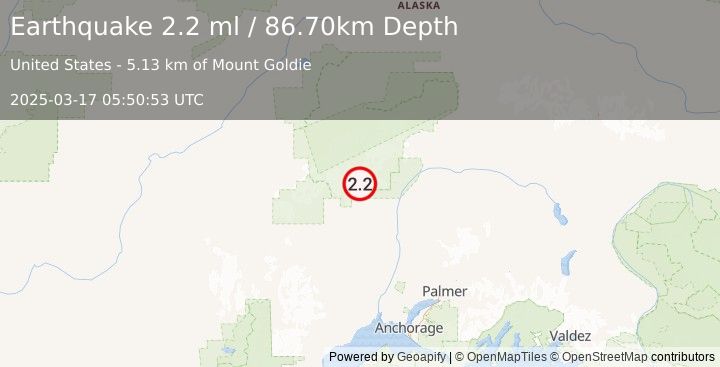 Earthquake 25 km NNW of Petersville, Alaska (2.2 ml) (2025-03-17 05:50:53 UTC)