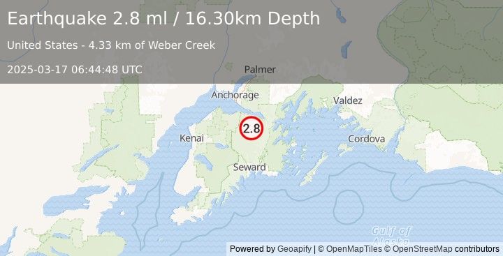 Earthquake 20 km S of Sunrise, Alaska (2.8 ml) (2025-03-17 06:44:48 UTC)