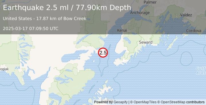 Earthquake 50 km W of Anchor Point, Alaska (2.5 ml) (2025-03-17 07:09:50 UTC)