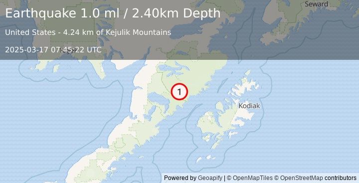 Earthquake 86 km NW of Karluk, Alaska (1.0 ml) (2025-03-17 07:45:22 UTC)