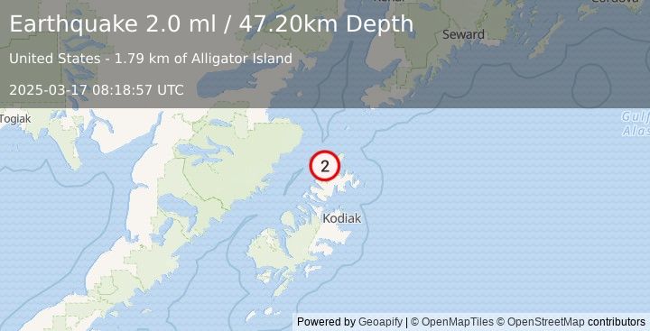 Earthquake 45 km N of Aleneva, Alaska (2.0 ml) (2025-03-17 08:18:57 UTC)