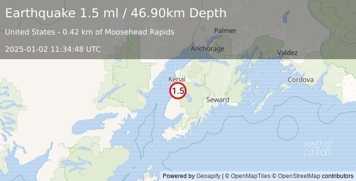 Earthquake 5 km SE of Kasilof, Alaska (1.5 ml) (2025-01-02 11:34:48 UTC)