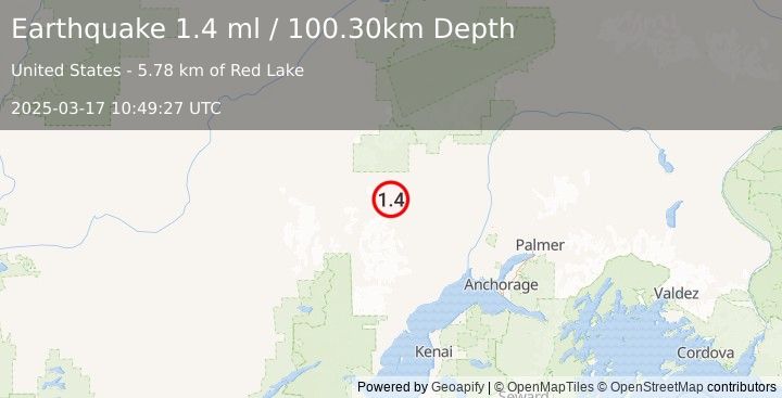 Earthquake 38 km W of Skwentna, Alaska (1.4 ml) (2025-03-17 10:49:27 UTC)