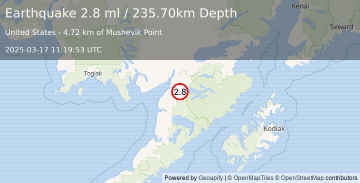 Earthquake 8 km SE of King Salmon, Alaska (2.8 ml) (2025-03-17 11:19:53 UTC)